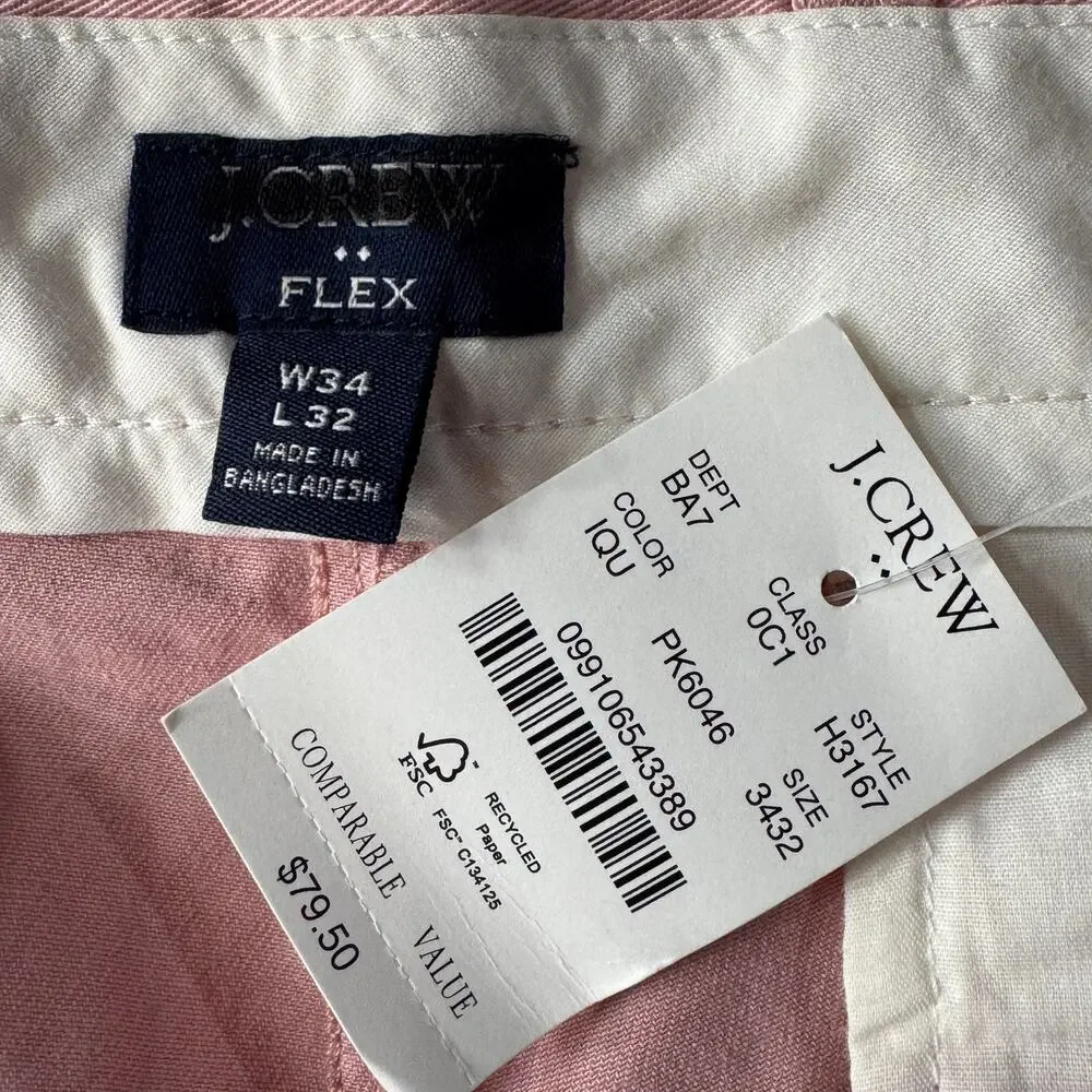 J. Crew Mens SZ 34x32 Flex Slim Pants Zip-Fly Slash Pockets Straight Leg Pink